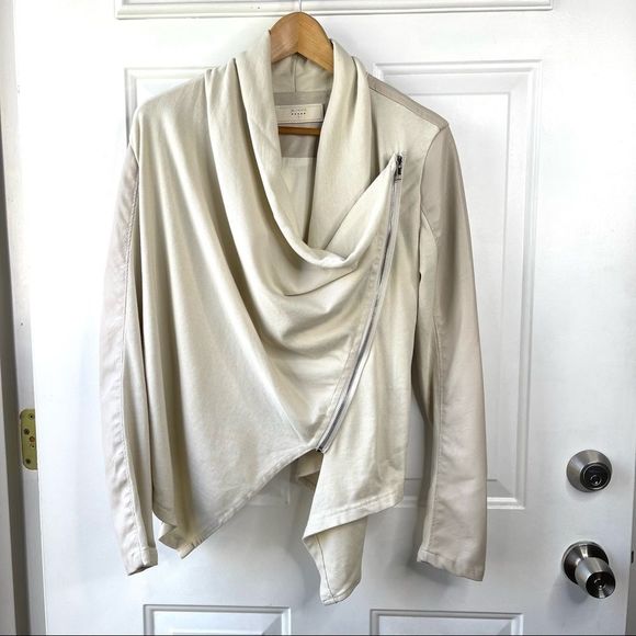 Blank NYC Drape Front Vegan Leather Moto Jacket Taupe Size Small - Picture 2 of 10